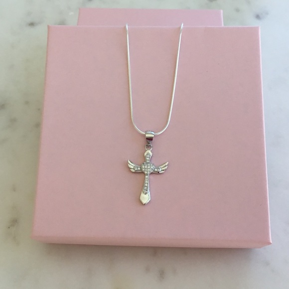 Sterling Silver Cz Cross with Angel Wings Necklace - Picture 5 of 16
